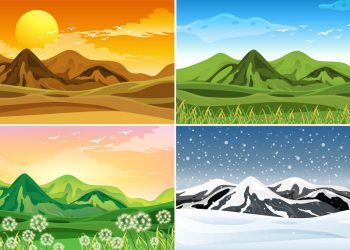 Four nature scene at different seasons illustration