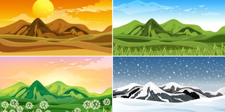 Four nature scene at different seasons illustration