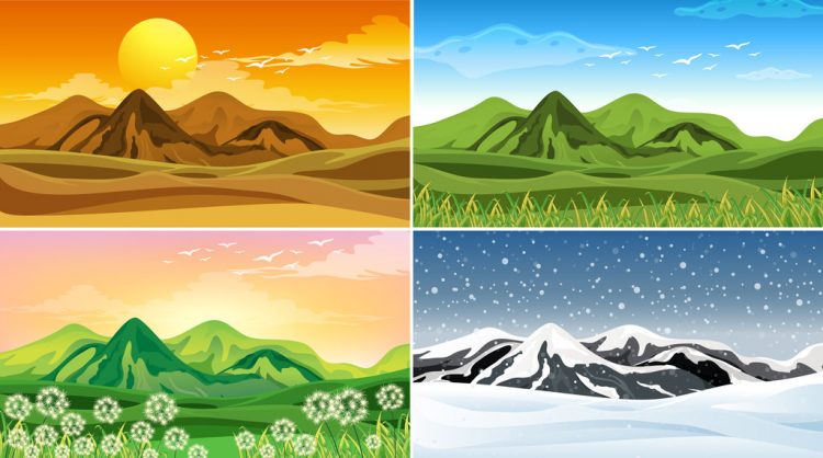 Four nature scene at different seasons illustration