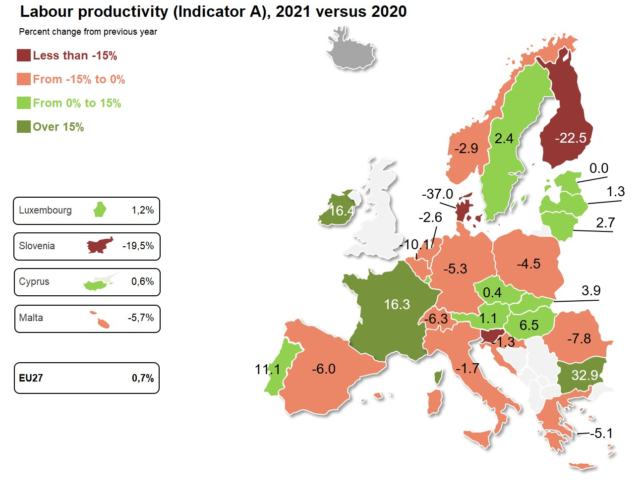Map: Labour productivity (Indicator A), 2021 versus 2020, percentage change from previousyear