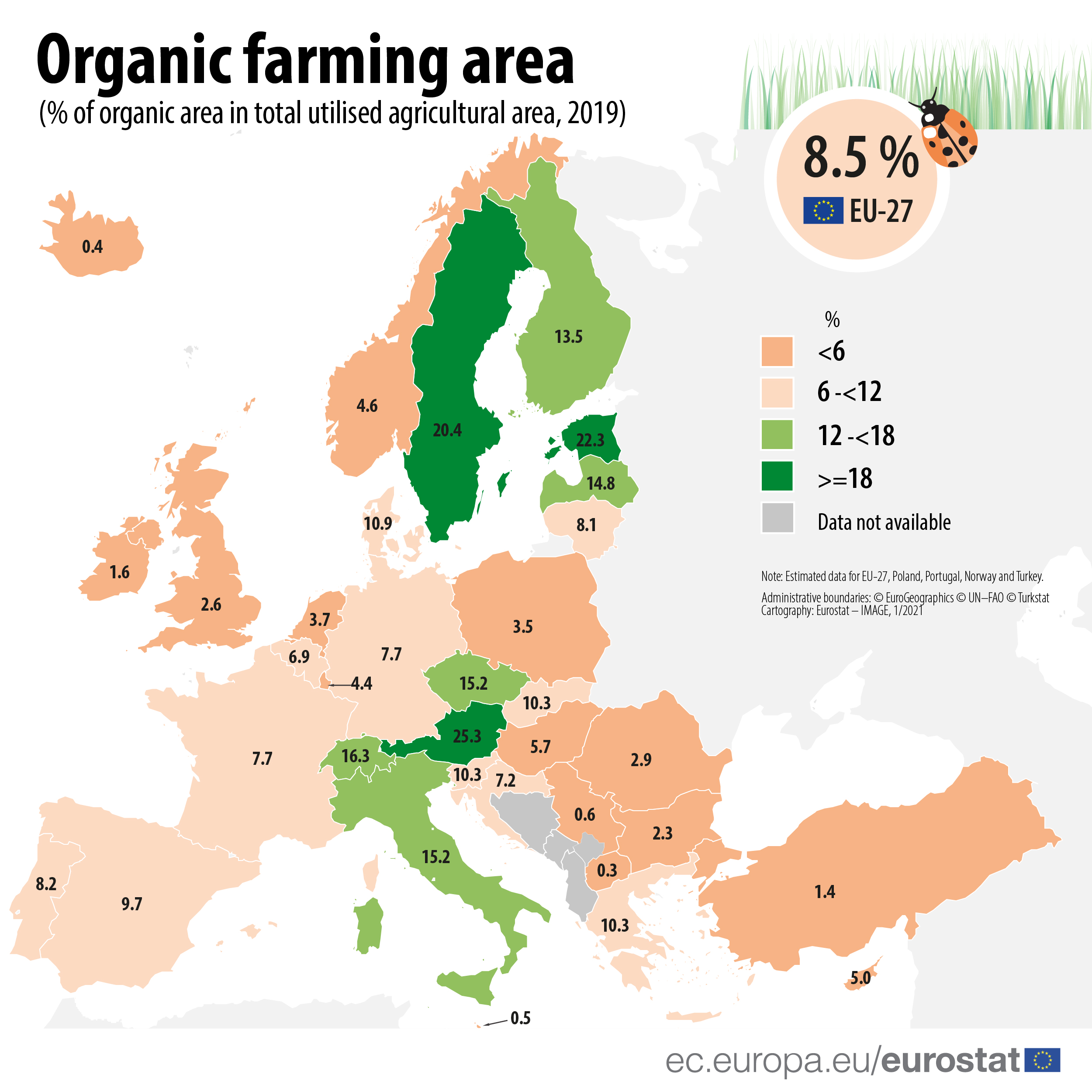 Map of organic farming area by EU country, 2019 data